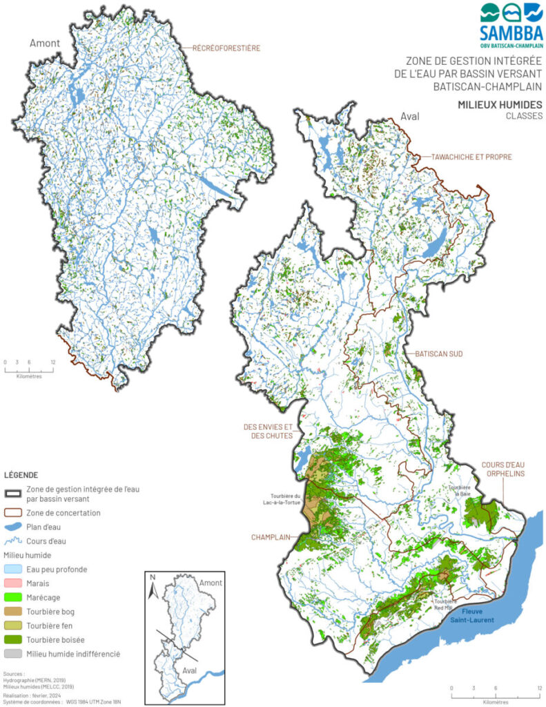 Distribution des milieux humides dans la ZGIEBV Batiscan-Champlain (Qc).