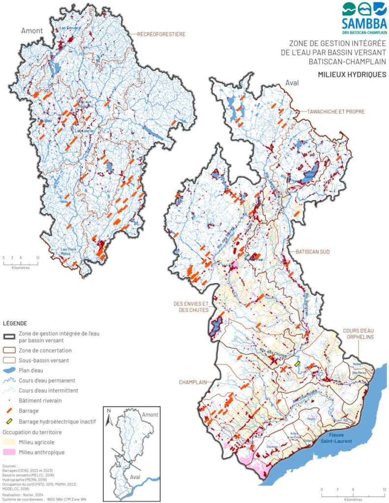 Hydrographie, ouvrages de retenue d’eau et bâtiments riverains dans la ZGIEBV Batiscan-Champlain (Qc).
