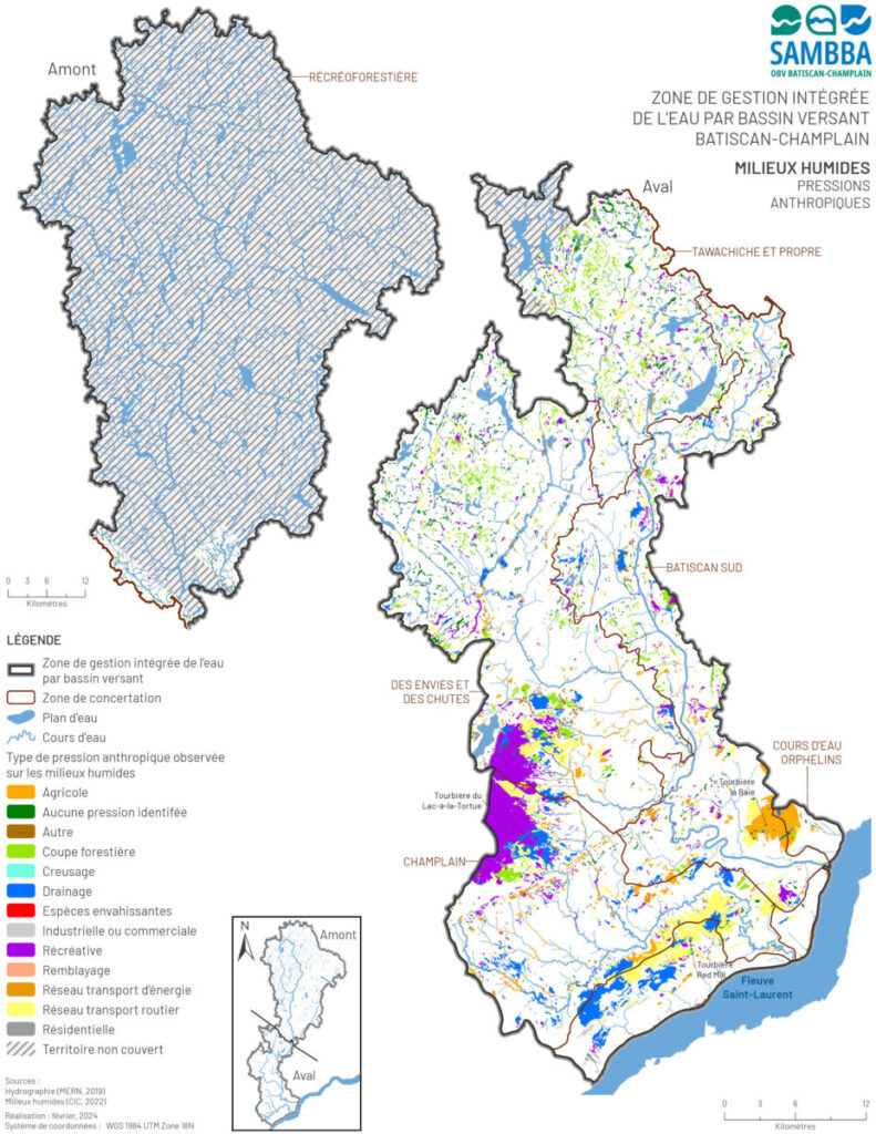 Principales pressions anthropiques observées sur les milieux humides dans la ZGIEBV Batiscan-Champlain (Qc).