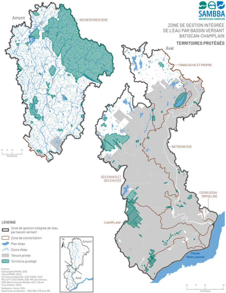 Distribution des territoires protégés en fonction des tenures dans la ZGIEBV Batiscan-Champlain (Qc).